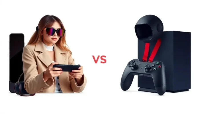 A split image portraying mobile and console gaming with fashion elements.