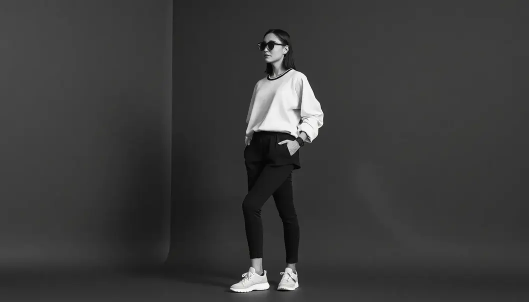 Monochrome styling with sporty elements for a chic look.