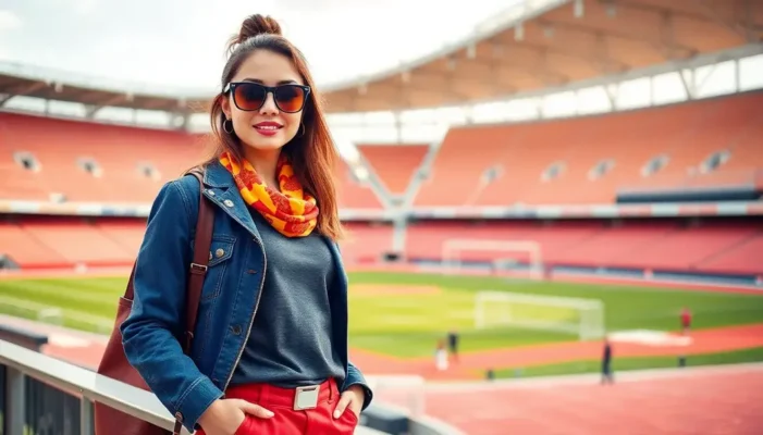 Petite woman confidently dressed in sporty and stylish clothing in a sports stadium.