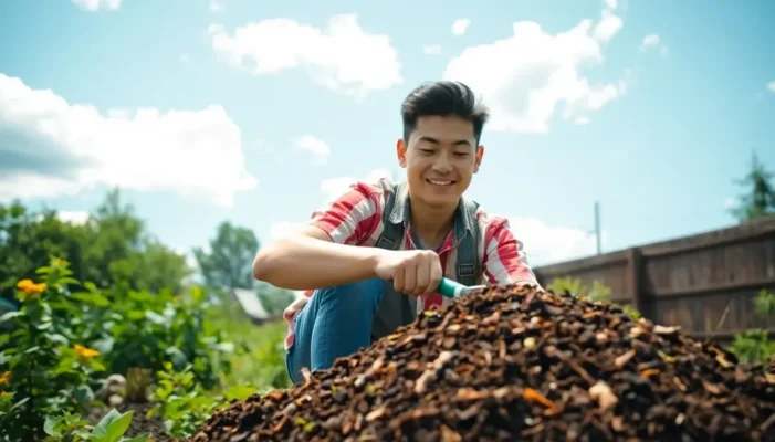 A person uses a garden fork to turn a compost pile in a vibrant garden.