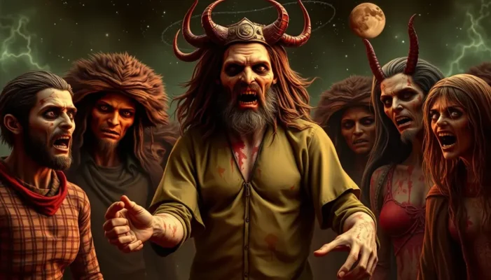 Various personified zodiac signs displaying unique survival techniques in a colorful zombie apocalypse setting.